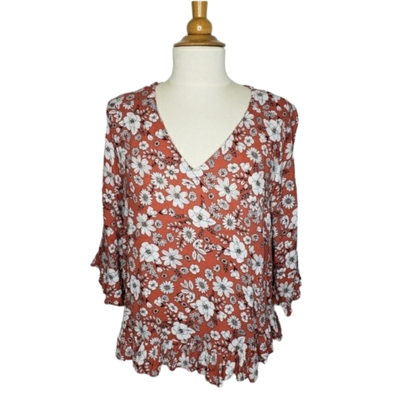 Cynthia Rowley V Neck Top M Ruffles Ditzy Floral Flutter Sleeves Viscose Prairie - Picture 1 of 10